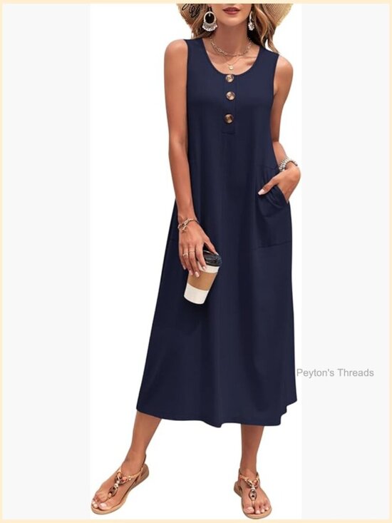 Dresses & Skirts - Sleeveless Button Down Loose Maxi Dress with Pockets